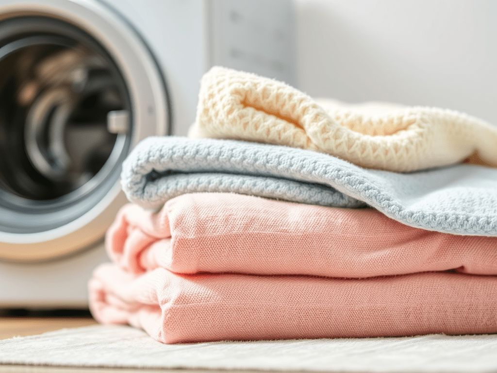 Soft white bath towels folded neatly after washing, demonstrating proper towel care routine to prevent stiffness, detergent buildup, and hard water residue.
